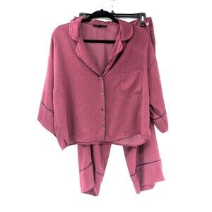 Midnight Bakery Berry Red 2-Piece Satin Pajama Set Long Sleeve Top Capris Size L